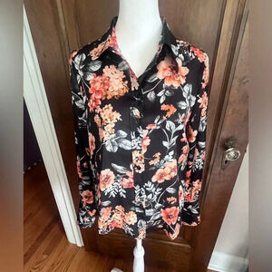 Elie Tahari Black and Orange Floral Long Sleeve Collared Top Women Size Small